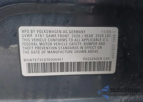 2007 Volkswagen Passat 2.0T z USA, uszkodzony, nr VIN WVWTK73C87E000461